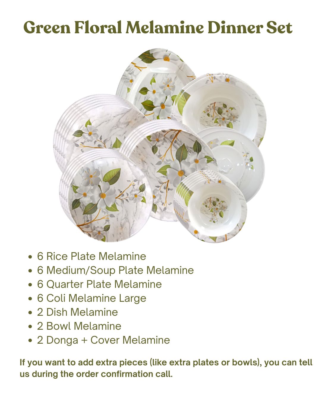 Green Floral Melamine Dinner Set | Durable Serving Plates & Bowls Set