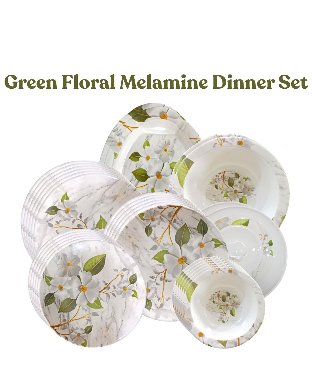 Green Floral Melamine Dinner Set | Durable Serving Plates & Bowls Set