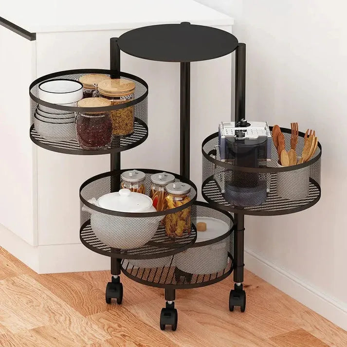 Premium 360° Rotating Multi-Tier Kitchen Organizer Trolley – Carbon Steel Storage Basket Rack with Wheels