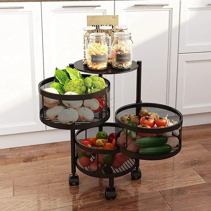 Premium 360° Rotating Multi-Tier Kitchen Organizer Trolley – Carbon Steel Storage Basket Rack with Wheels