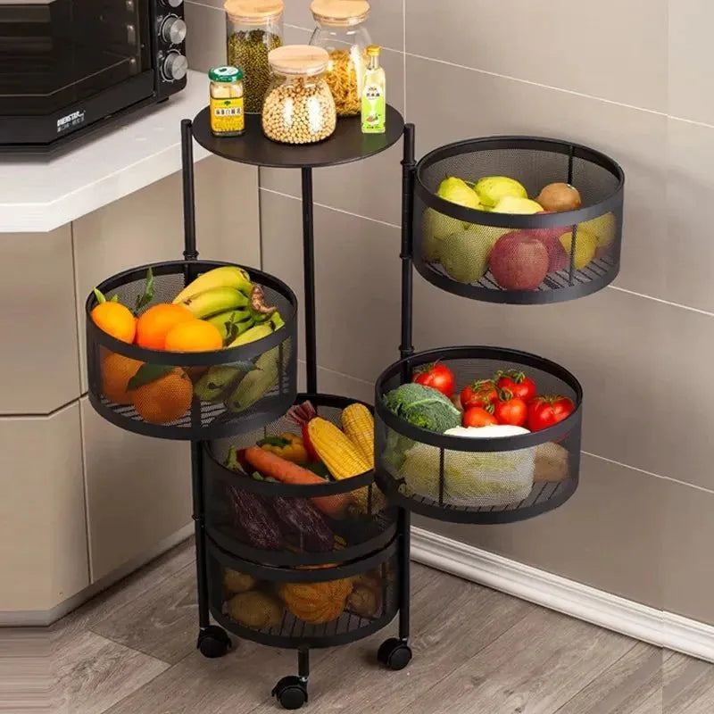 Premium 360° Rotating Multi-Tier Kitchen Organizer Trolley – Carbon Steel Storage Basket Rack with Wheels
