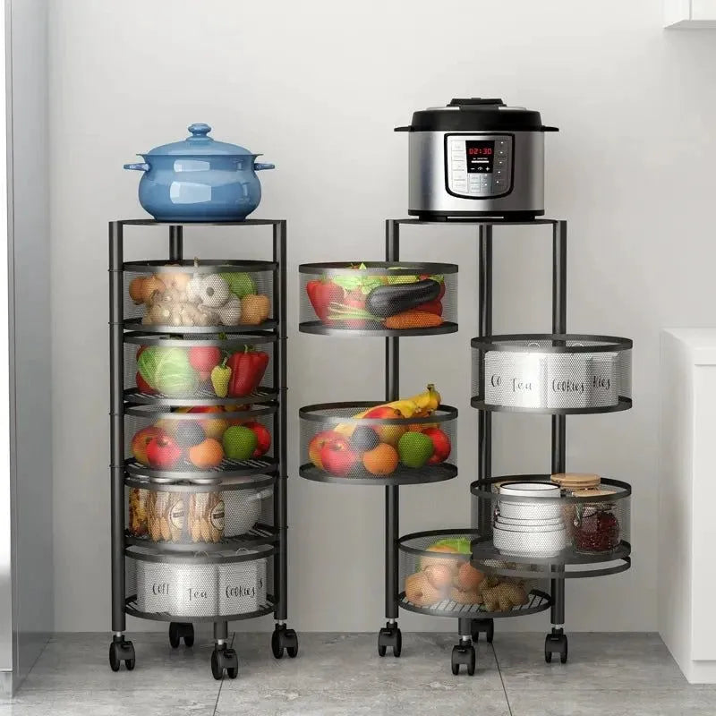 Premium 360° Rotating Multi-Tier Kitchen Organizer Trolley – Carbon Steel Storage Basket Rack with Wheels